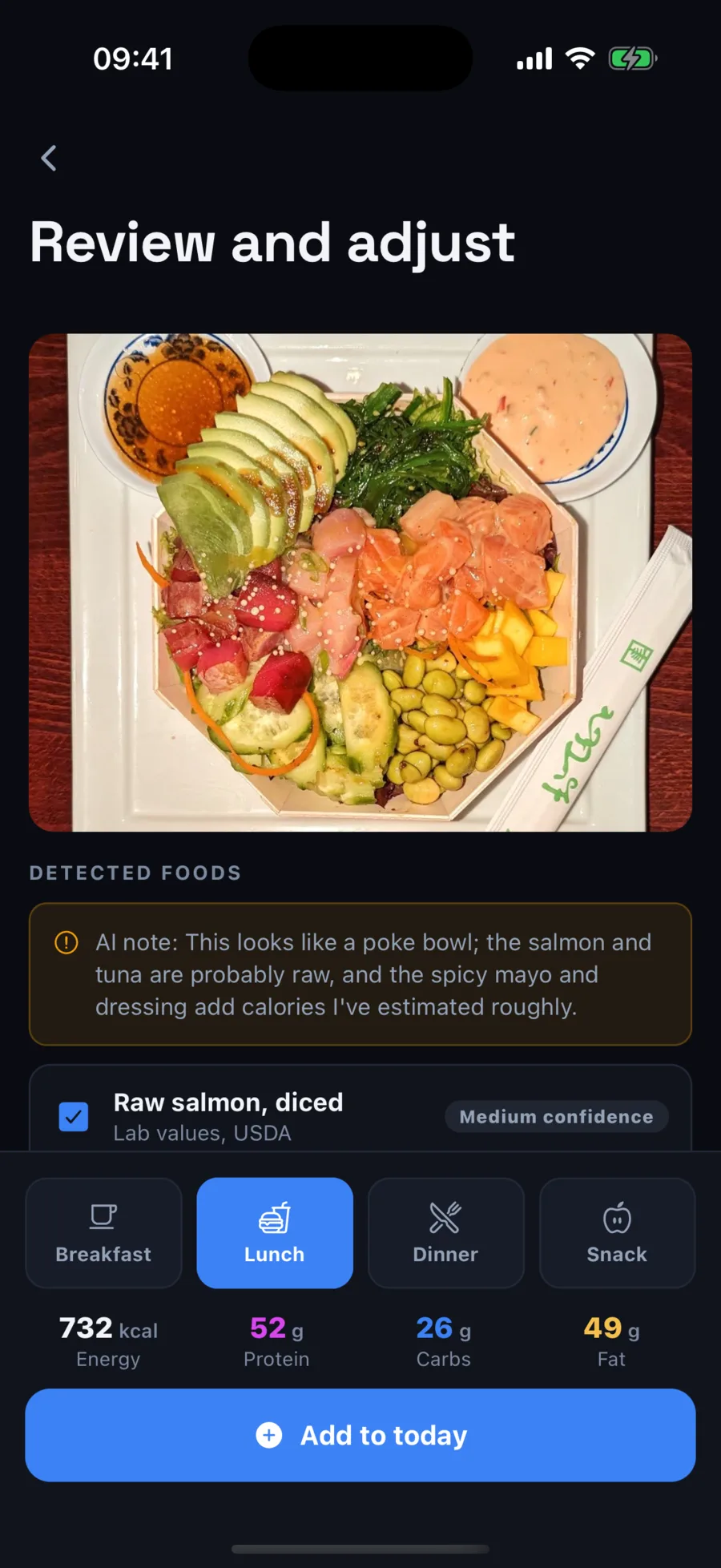Plate scan: a poke bowl photo and the foods detected in it