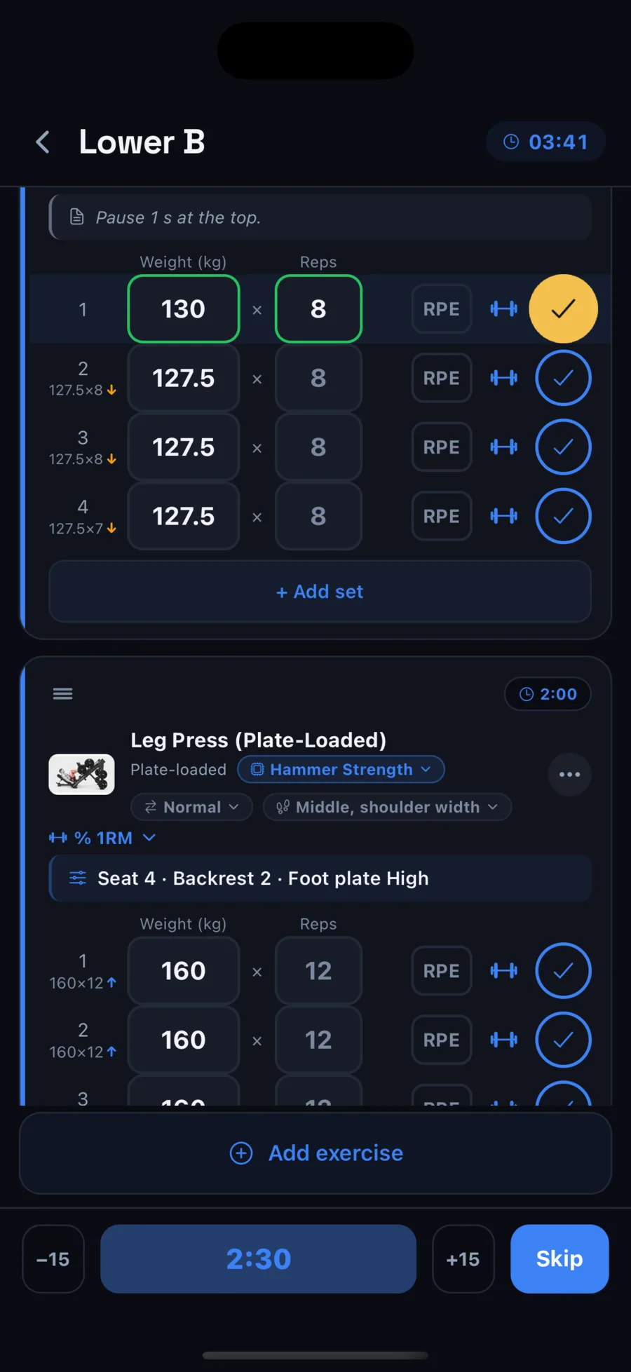 Live workout: hip thrust, first set at 130 kg for 8, marked as a record