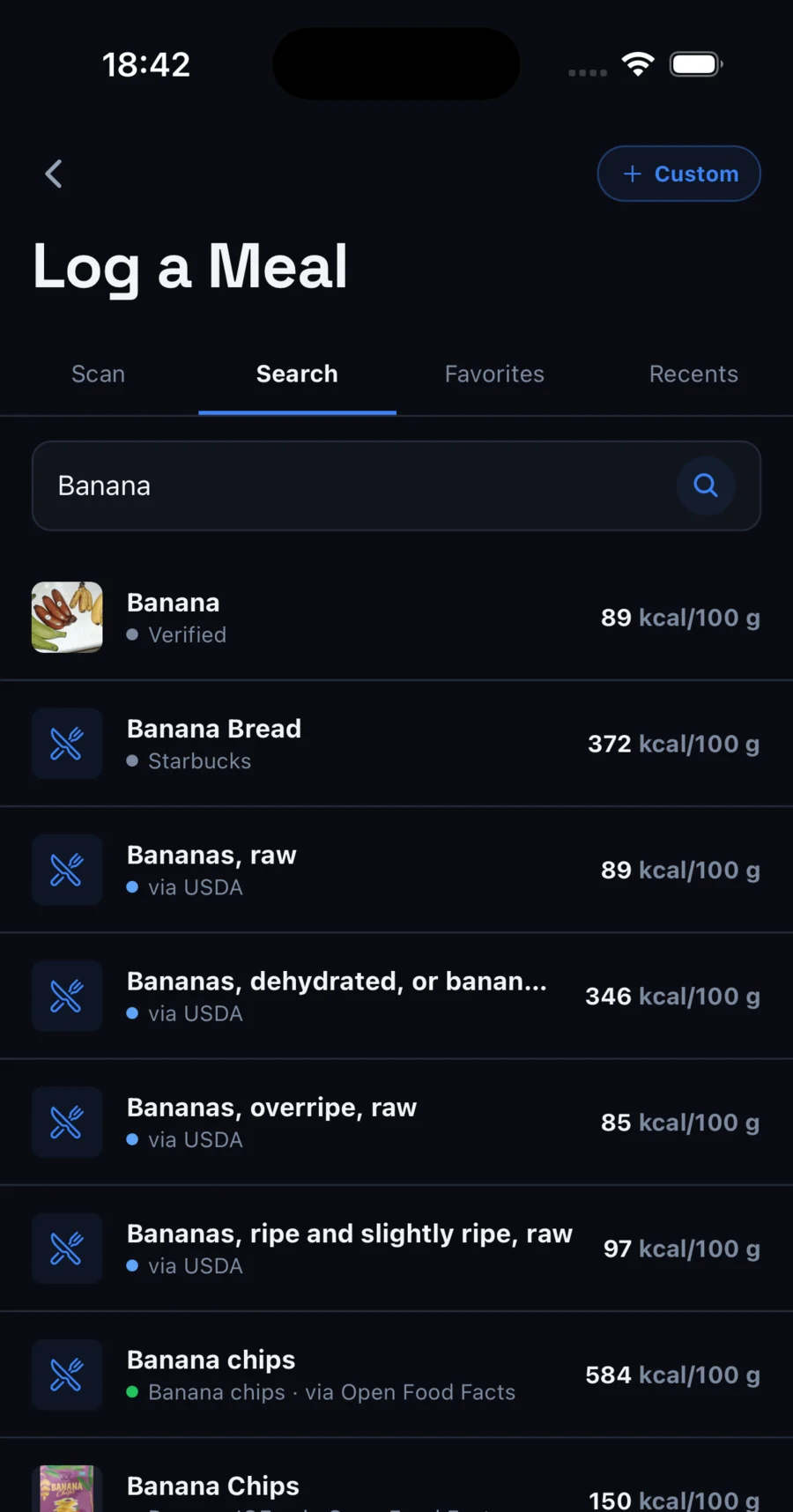 Food search: banana, with verified, USDA and Open Food Facts results