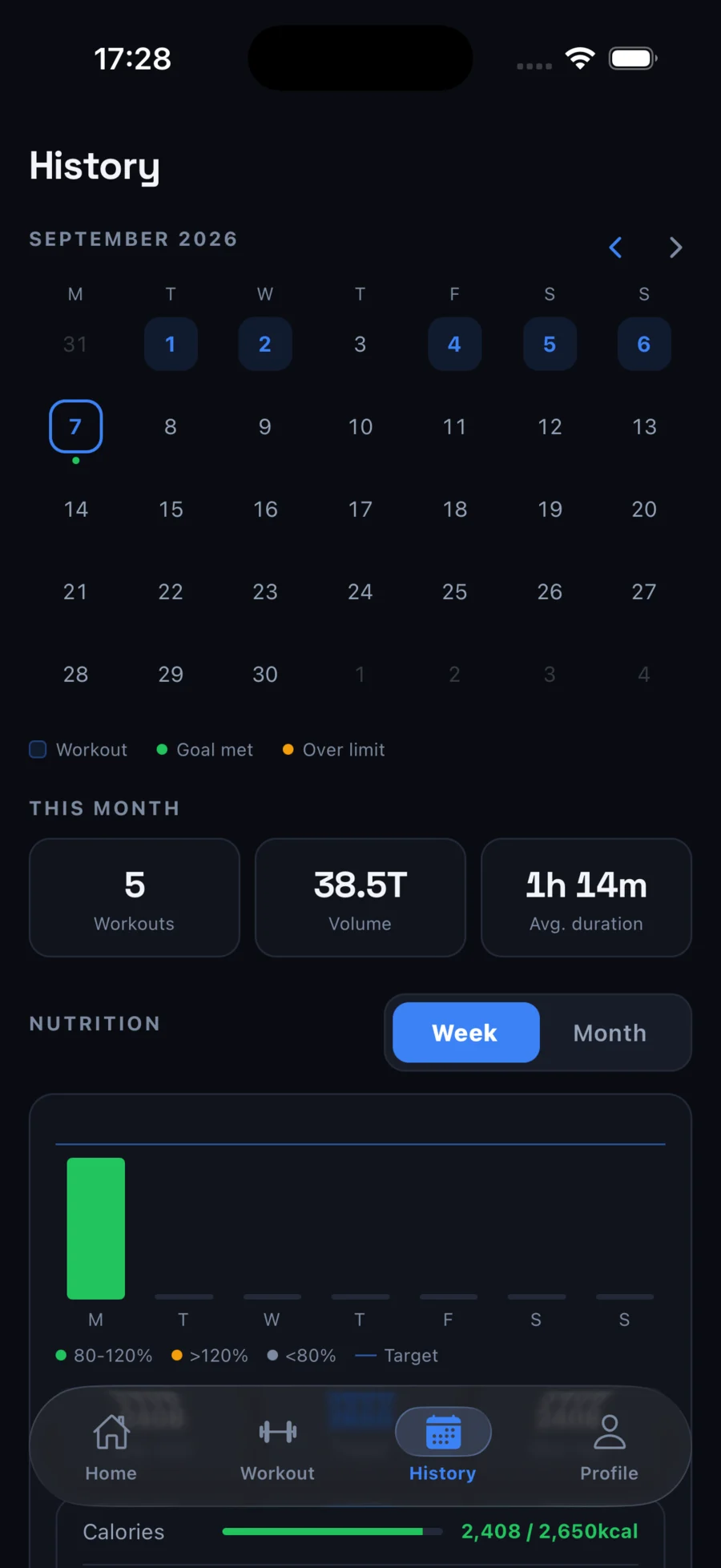 History: training calendar and monthly stats